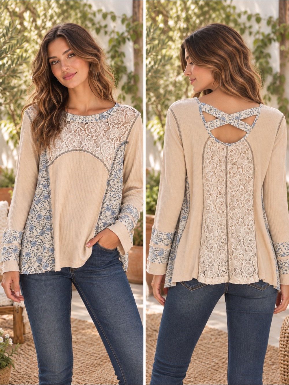 149 POL NEW Women’s Cream Lace-Trim Patchwork Long Sleeve Top Size Small